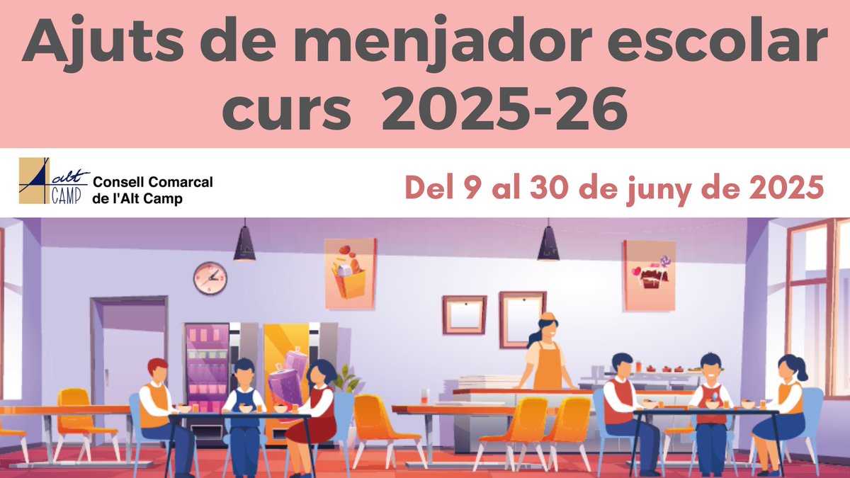 AJUTS MENJADOR ESCOLAR CURS 25/26

🗓️ Del 9 al 30 de juny.

📲 Presenta la sol·licitud en línia o demana cita prèvia per fer-ho presencialment.

ℹ️Tota la informació a 👉tuit.cat/ZtfAy

#AltCamp #EnsenyamentAltCamp