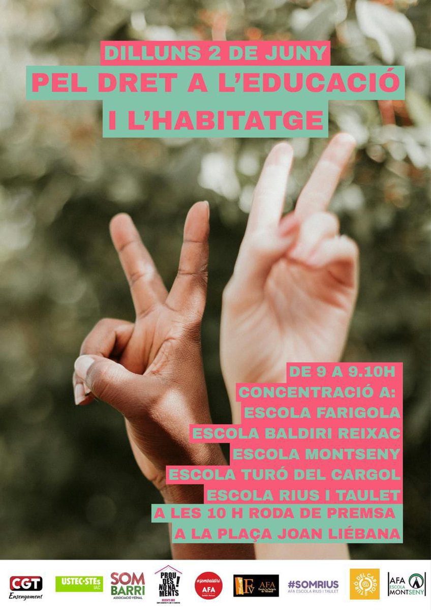 ✌️En només 24h El manifest de suport a les 
escoles de Vallcarca i als infants en perill de desnonament a sumat 43 centres educatius, 45 AFA's, 56 entitats socials i educatives i 1456 firmes individuals.

forms.gle/JWSbbyuqF6AFSB…

PSC escolta: solucions socials i no policials!!