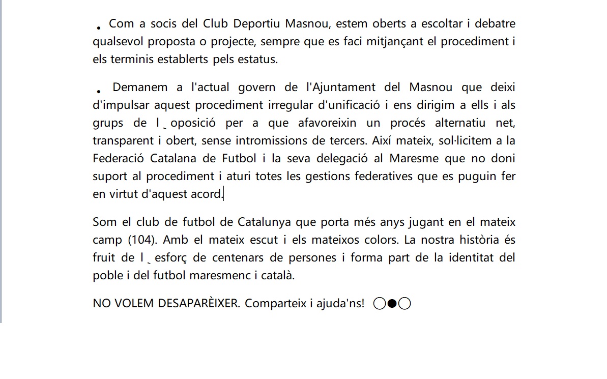 📢 VOLEN QUE DESAPAREIXEM ⚠️
Un grup de socis del Club Deportiu Masnou, encapçalat pel soci núm.1, volem denunciar que la comissió gestora que ostenta la direcció del club des de fa unes setmanes ha negociat i acordat una fusió amb un altre entitat sense informar als socis