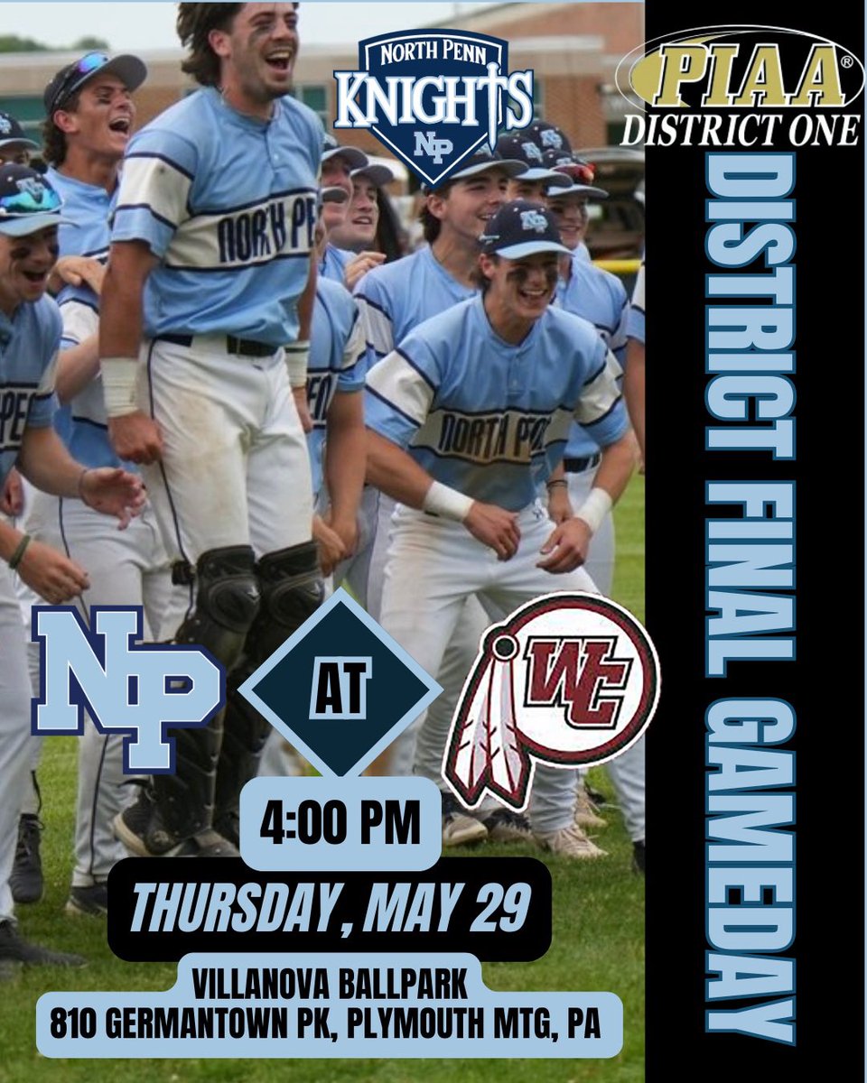 NPKnightsBaseball (@npknights) on Twitter photo District Final is today‼️
Knights vs WC Henderson - come on out to Villanova Ballpark for all the district chip action! 🏆
🕓4️⃣0️⃣0️⃣ first pitch
📍810 Germantown Pk, Plymouth Mtg,
🎟️ Free Admission
📺 Follow on GC if you can’t make it
<a href="/SOLsports/">SOLsports</a> <a href="/ReporterSports/">The Reporter Sports</a> <a href="/NPHSKnights/">North Penn Athletics</a> District Final is today‼️
Knights vs WC Henderson - come on out to Villanova Ballpark for all the district chip action! 🏆
🕓4️⃣0️⃣0️⃣ first pitch
📍810 Germantown Pk, Plymouth Mtg,
🎟️ Free Admission
📺 Follow on GC if you can’t make it
<a href="/SOLsports/">SOLsports</a> <a href="/ReporterSports/">The Reporter Sports</a> <a href="/NPHSKnights/">North Penn Athletics</a>