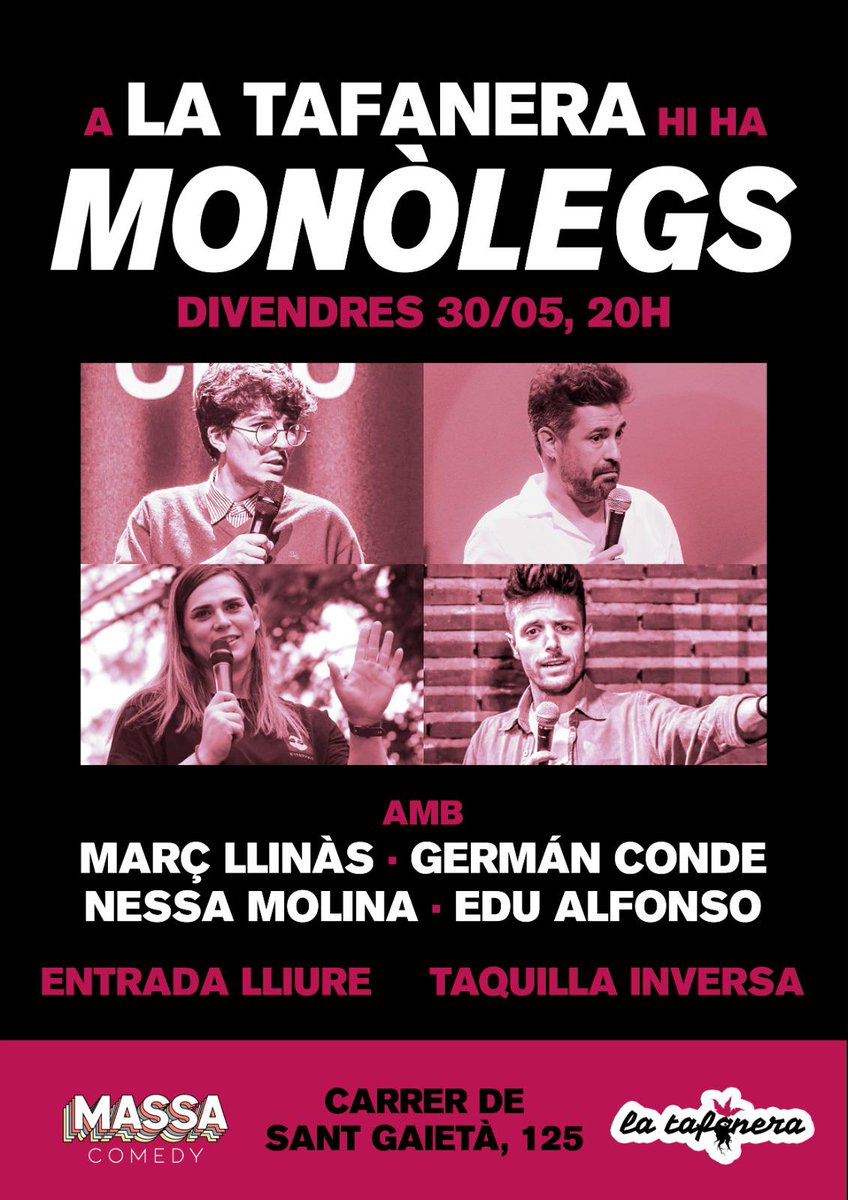 ☀️FEM UNS RIURES PER ACOMIADAR EL FRED?☀️

Demà divendres tenim els esperats monòlegs a la fresqueta del pati amb Març Llinàs, Germán Conde, Nessa Molina i Edu Alfonso.

🏠 Casal Popular La Tafanera
📅 Divendres 30 de maig
🕢 20h 
🎟️Entrada gratuïta, taquilla inversa