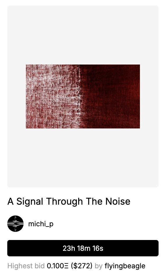 Michael Hughes (@hughesmichi) on Twitter photo A Signal Through The Noise
Auction has been kicked of by <a href="/FlyingBeagle_/">FlyingBeagle</a>
Thank you so much ๐คโ
Link below - get involved! A Signal Through The Noise
Auction has been kicked of by <a href="/FlyingBeagle_/">FlyingBeagle</a>
Thank you so much ๐คโ
Link below - get involved!