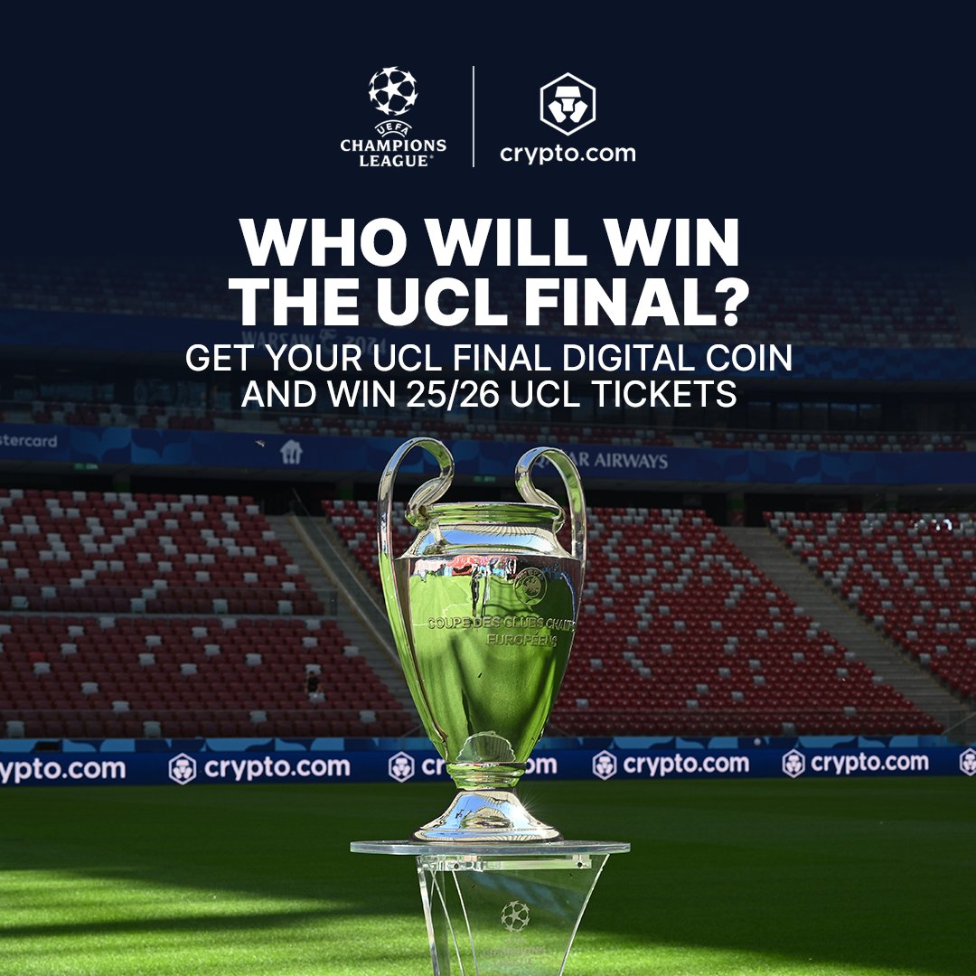 cryptocom's tweet photo. Want to witness history and watch UEFA’s finest go head-to-head? 🏆 Claim your free UCL Final digital coin and stand to win:

🎟️ Premium tickets
⚽ Exclusive fan experiences
🔥 And more

Claim yours now 👉 https://t.co/OIfjPyCdkD

#UCLWithCryptoCom #UEFA #70YearsofChampions https://t.co/B1TNc76u7Q