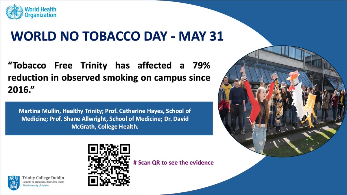 School of Medicine (@trinitymed1) on Twitter photo To coincide with World No Tobacco Day 2025 on May 31, we highlight Martina Mullin's innovative Living Lab approach at Trinity College Dublin, which successfully implemented a smoke-free campus policy. #SmokeFreeCampus #TobaccoFreeTrinity Read more tinyurl.com/3rs3pjwt To coincide with World No Tobacco Day 2025 on May 31, we highlight Martina Mullin's innovative Living Lab approach at Trinity College Dublin, which successfully implemented a smoke-free campus policy. #SmokeFreeCampus #TobaccoFreeTrinity Read more tinyurl.com/3rs3pjwt