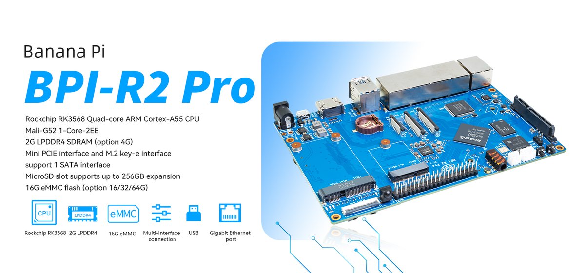 judyhuang9's tweet image. Banana Pi BPI-R2 PRO, use Rockchip RK3568 Quad-core ARM Cortex-A55 CPU, it is opensource smart router development board.
check  more details here👇 👇
docs.banana-pi.org/en/BPI-R2_Pro/…

#bpi #rk3568 #opensource #bananapi #openwrt