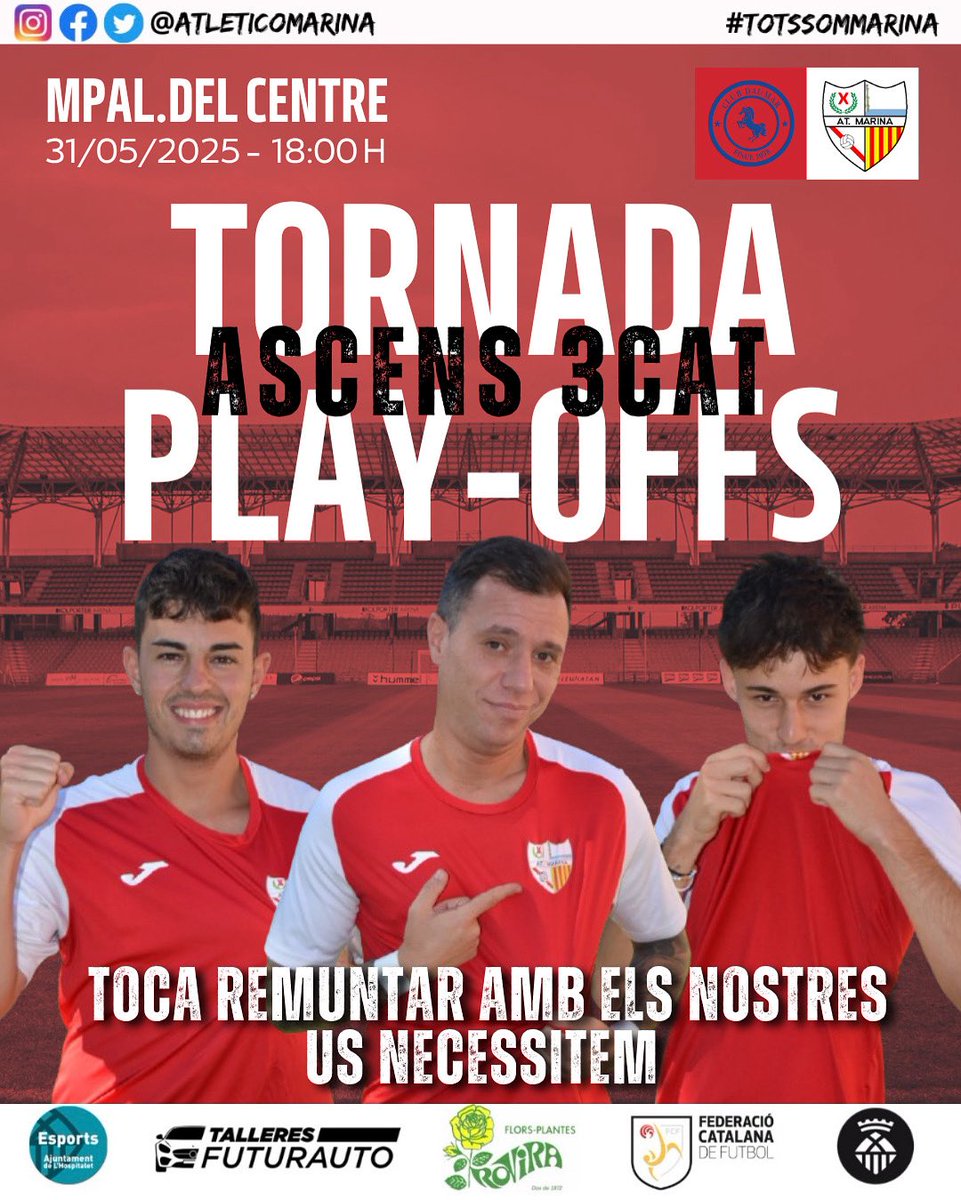 Aquest Dissabte 31 no feu plans. Us convoquem a tots a les 17.30 en el municipal del centre de ll’Hospitalet. 
Toca remuntar un 3-0 i volem aconseguir-ho per vosaltres i per la família del Marina.