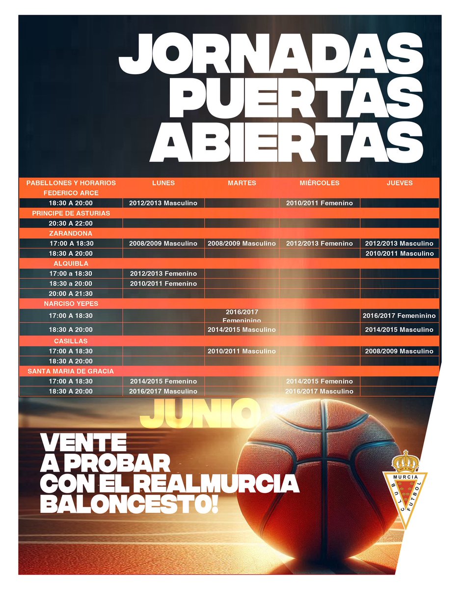 🏀 ¡HAZ LAS PRUEBAS Y FORMA PARTE DEL REAL MURCIA BALONCESTO!
Durante el mes de junio celebramos jornadas de puertas abiertas en diferentes pabellones.
¿Quieres formar parte de nuestra cantera? ¡Esta es tu oportunidad!

Consulta info sobre fechas y ubicaciones.