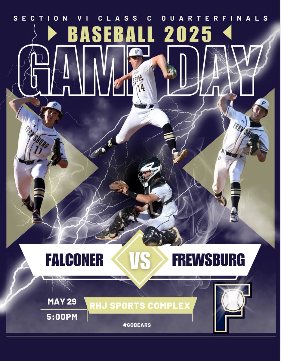 Section VI Class C Quarterfinal matchup #1 Bears 🐻 vs #4 Falcons 🐦‍⬛. One team. One goal. Let’s g⚾️ ⚾️⚾️!!!

🆚 Falconer
📍 Frewsburg, NY
⚾️  RHJ Sports Complex
🕰 5:00PM

#GoBears