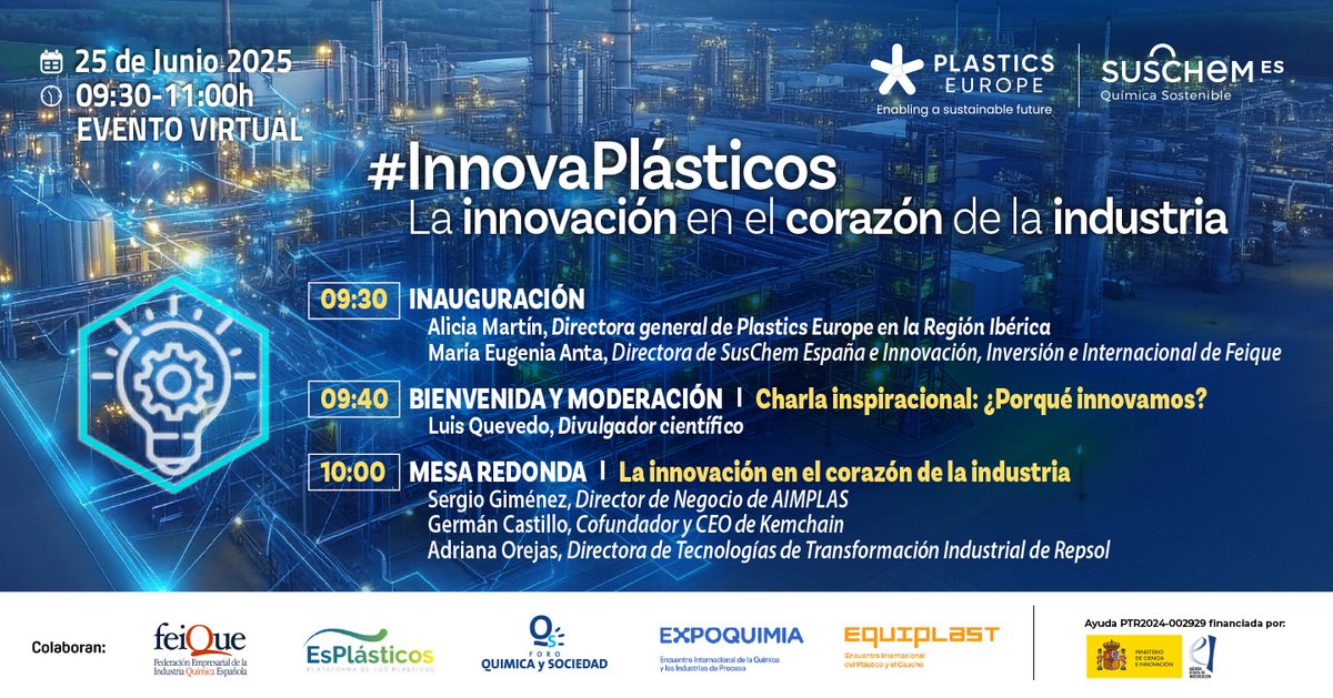 SusChem-España (@suschemspain) on Twitter photo El 🗓️25/06 🕤9:30h 📢¡Vuelve #INNOVAPLASTICOS! para hablar de la #Innovación en el corazón de la #industria
✅Organizan <a href="/SusChemSpain/">SusChem-España</a> y <a href="/PlasticsEuropES/">Plastics Europe ES</a>
✅Participan @AIMPLAS @Kemchain <a href="/Repsol/">Repsol</a>
✅Modera @Luis_Quevedo
Consulta el programa e inscríbete: bit.ly/43QmMl4 El 🗓️25/06 🕤9:30h 📢¡Vuelve #INNOVAPLASTICOS! para hablar de la #Innovación en el corazón de la #industria
✅Organizan <a href="/SusChemSpain/">SusChem-España</a> y <a href="/PlasticsEuropES/">Plastics Europe ES</a>
✅Participan @AIMPLAS @Kemchain <a href="/Repsol/">Repsol</a>
✅Modera @Luis_Quevedo
Consulta el programa e inscríbete: bit.ly/43QmMl4