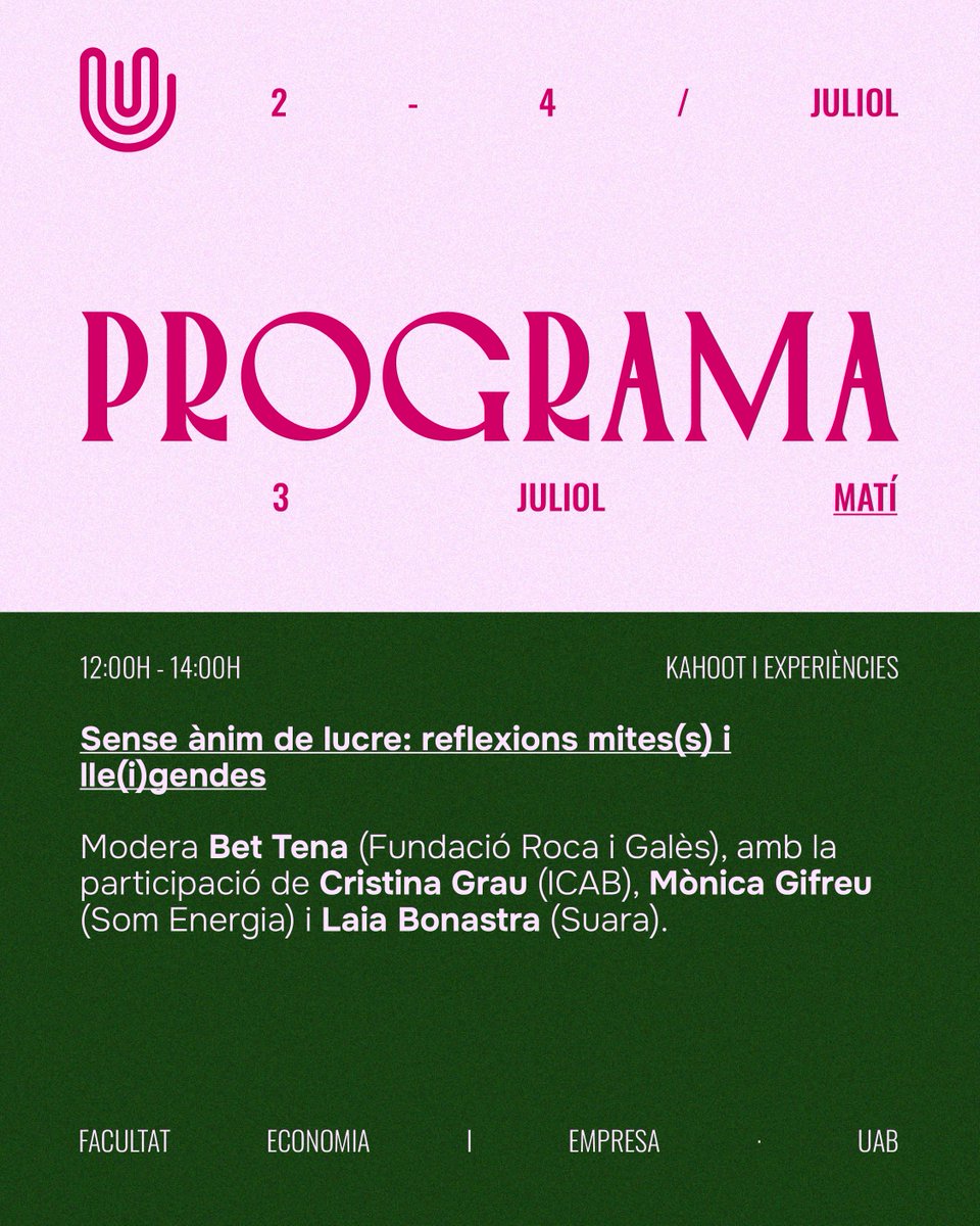 <a href="/ICTA_UAB/">ICTA-UAB</a> <a href="/coopagrariesCAT/">Federació de Cooperatives Agràries de Catalunya</a> <a href="/sostrecivic/">Sostre Cívic</a> <a href="/robaamiga/">ROBA AMIGA</a> <a href="/leixida_sccl/">L'Eixida SCCL</a> <a href="/UV_EG/">Universitat València</a> <a href="/eudaldgl/">Eudaldgl #freepalestine</a> <a href="/CoopsConsum/">Federació Coopsconsum</a> <a href="/SomEnergia/">Som Energia</a> <a href="/SomConnexio/">Som Connexió</a> <a href="/fiareBE/">Fiare Banca Etica</a> <a href="/ciutatinvisible/">LA CIUTAT INVISIBLE</a> <a href="/somitcoop/">Som IT Cooperatiu</a> <a href="/femprocomuns/">femProcomuns Coop</a> <a href="/ICABarcelona/">ICAB · Advocacia Barcelona</a> <a href="/ladinamo_/">La Dinamo Fundació</a> <a href="/andaira_coop/">Andaira</a> 📢 [SESSIÓ SIMULTÀNIA]
🕛 12:00 h - 14:00 h

👉 Sense ànim de lucre: reflexions mites(s) i lle(i)gendes

👥 Modera Bet Tena (<a href="/rocagales/">rocagales</a>), amb la participació de Cristina Grau (<a href="/ICABarcelona/">ICAB · Advocacia Barcelona</a>), Mònica Gifreu (<a href="/SomEnergia/">Som Energia</a>) i Laia Bonastra (<a href="/suaracoop/">Suara Cooperativa</a>).

🎟️ Aconsegueix la teva