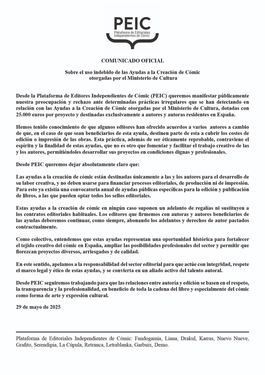 COMUNICADO OFICIAL DE LA PLATAFORMA DE EDITORIALES INDEPENDIENTES DE CÓMIC: sobre el uso indebido de las Ayudas a la Creación de Cómic por parte del sector editorial.