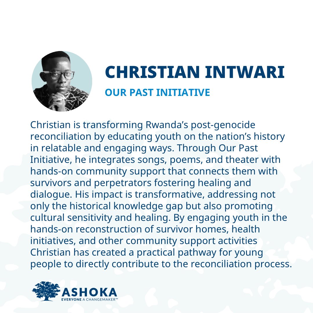 Ashoka Africa (@ashokaafrica) on Twitter photo Healing history through action.
<a href="/Ashoka/">Ashoka</a> Fellow <a href="/Inkotanyi_C/">Intwari Christian</a> is using art, storytelling & youth-led service to foster reconciliation in Rwanda.
<a href="/Our_Past_In/">Our Past Initiative</a> is turning memory into peace.
#AshokaFellows #Reconciliation #YouthLeadership #Rwanda #Peacebuilding Healing history through action.
<a href="/Ashoka/">Ashoka</a> Fellow <a href="/Inkotanyi_C/">Intwari Christian</a> is using art, storytelling & youth-led service to foster reconciliation in Rwanda.
<a href="/Our_Past_In/">Our Past Initiative</a> is turning memory into peace.
#AshokaFellows #Reconciliation #YouthLeadership #Rwanda #Peacebuilding