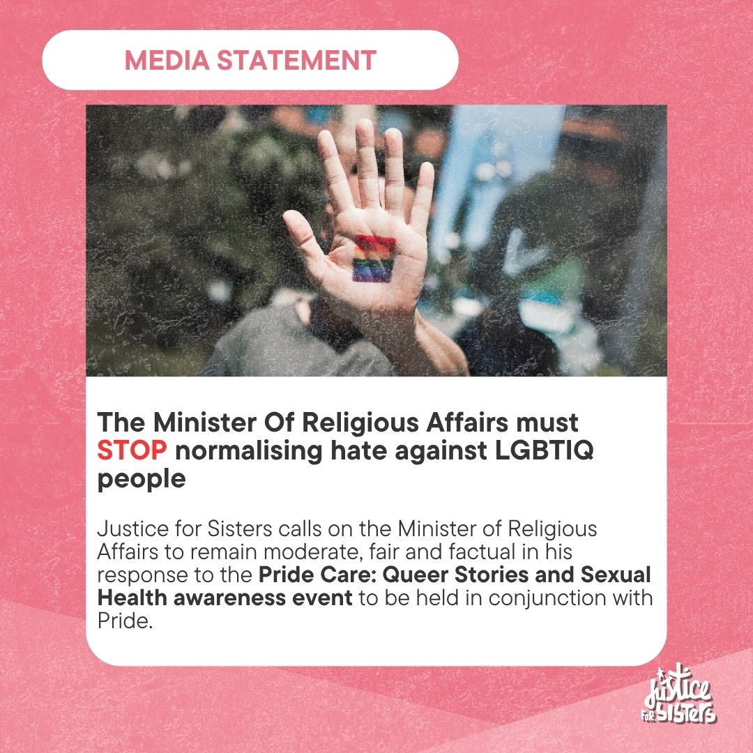 justice_sisters's tweet image. JFS urges the Minister of Religious Affairs to respond to the Pride Care event with fairness, moderation, & respect for fundamental freedoms. Divisive rhetoric endangers lives & erodes trust in public institutions. 🌈🗣
READ🔗: justiceforsisters.org/homepage-draft…
#TetapBangga #FOE