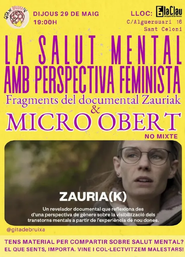 Avui, a La Clau, Gita de Bruixa presenta "La salut mental amb perspectiva feminista"

🕖19:00

🎥🎙️Micro obert sobre salut mental i visionat de fragments de Zauria(k), documental d'Euskadi sobre salut i bogeria amb perspectiva feminista!