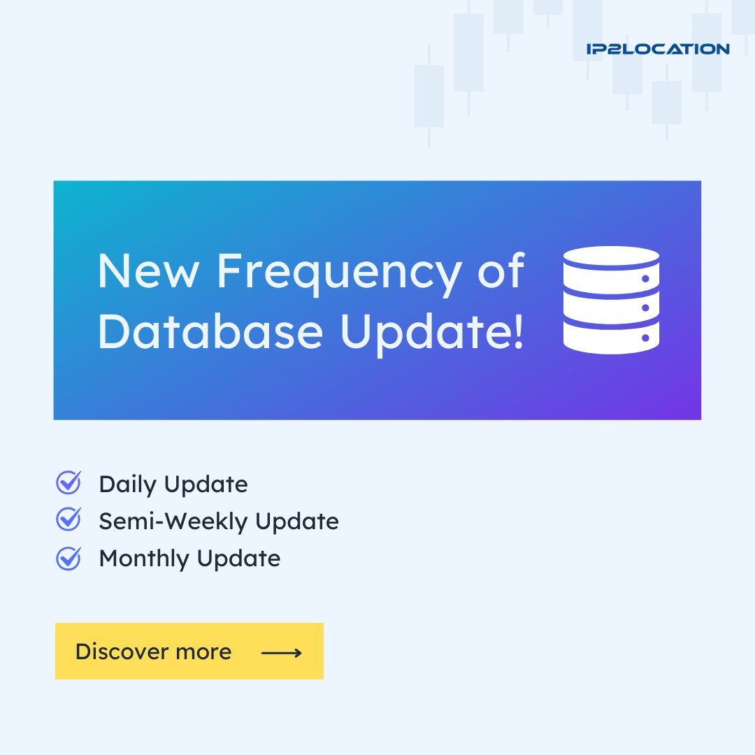 ip2location's tweet image. New update schedule for IP2Location databases!
Update frequency now varies by license type:
🗓 Standard: 1st &amp;amp; 15th
🗓 Site: 1st, 8th, 15th &amp;amp; 22nd
🗓 Redistribution: Daily

Stay current with the freshest geolocation data！

Visit ip2location.com today!

#IPGeolocation