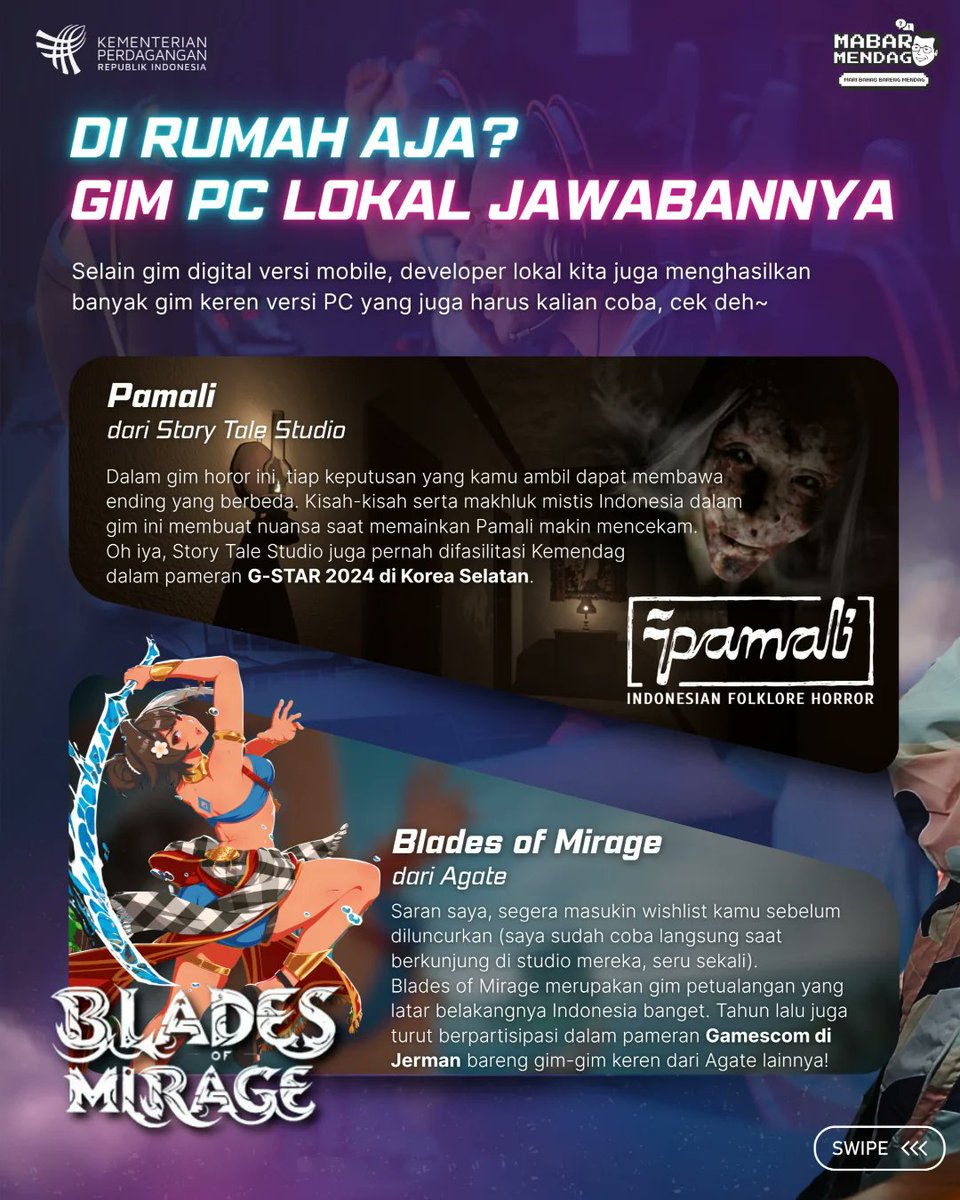 DADOO ๐๐ฒ | Twists, Turns, and Mischiefs (@dadoothegame) on Twitter photo Ada DADOO dan kawan-kawan cuy!
Terima kasih untuk Kementerian Perdagangan atas apresiasi game lokal seperti:
DADOO oleh <a href="/algorocks/">Algorocks | WISHLIST MINI TANK MAYHEM ON STEAM ๐</a>
Selera Nusantara oleh <a href="/GambirStudio/">GambirStudio | Wishlist Kuloniku on Steam ๐</a>
Marbel TK PAUD oleh <a href="/educastudio/">Educa Studio</a>
Pamali oleh <a href="/storytaledev/">Storytale ๐น - Play GRAVEYARD VISIT on Steam</a>
Blades of Mirage oleh <a href="/AgateInt/">Agate</a> Ada DADOO dan kawan-kawan cuy!
Terima kasih untuk Kementerian Perdagangan atas apresiasi game lokal seperti:
DADOO oleh <a href="/algorocks/">Algorocks | WISHLIST MINI TANK MAYHEM ON STEAM ๐</a>
Selera Nusantara oleh <a href="/GambirStudio/">GambirStudio | Wishlist Kuloniku on Steam ๐</a>
Marbel TK PAUD oleh <a href="/educastudio/">Educa Studio</a>
Pamali oleh <a href="/storytaledev/">Storytale ๐น - Play GRAVEYARD VISIT on Steam</a>
Blades of Mirage oleh <a href="/AgateInt/">Agate</a>