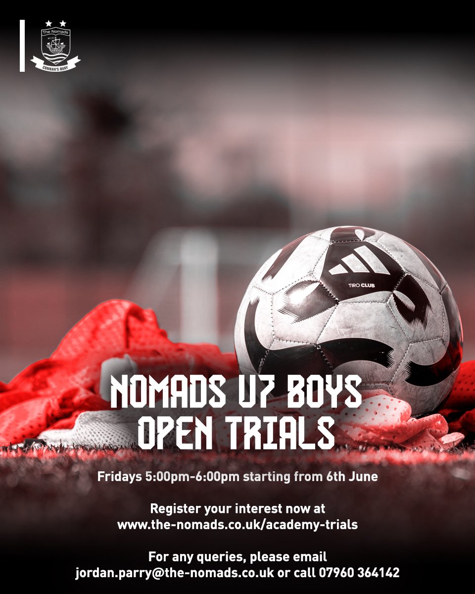⚽⚽

We are looking for this season's U6 (24/25) / next season's U7 (25/26) to join our U7 team ahead of the new campaign

Register your interest now at the-nomads.co.uk/academy-trials/ 

Trials take place at The Poppies 3G on June 6th for the following 4 weeks