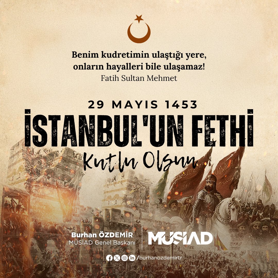 İstanbul’un Fethi'nin sene-i devriyesinde, çağ açıp çağ kapatan şanlı komutan Fatih Sultan Mehmed Han ve kahraman askerlerini rahmet ve minnetle yâd ediyorum.

Müjdelenen fethin 572’nci yılı kutlu olsun. 🇹🇷