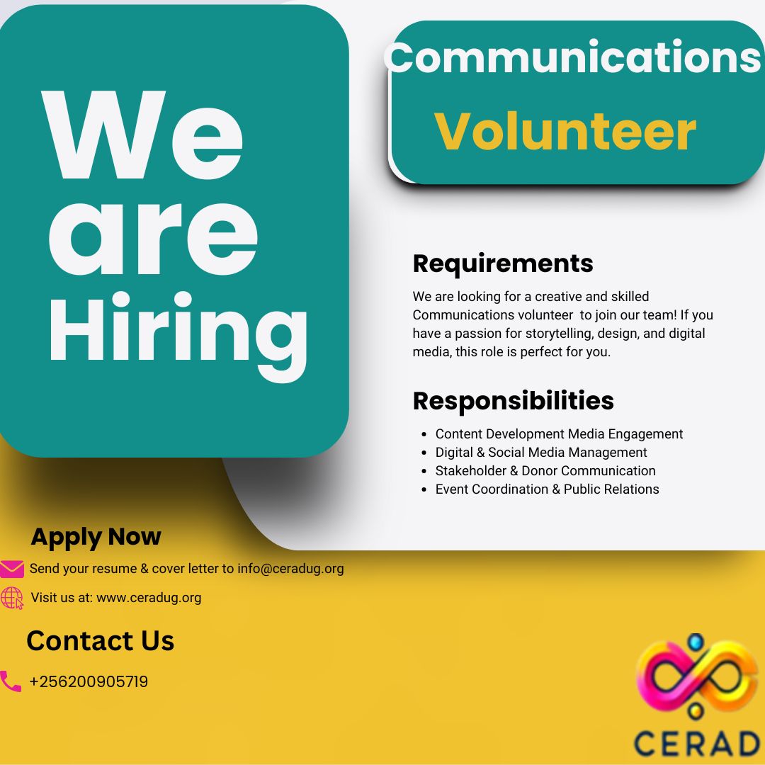 Center For Relief Aid And Development (@ceradug) on Twitter photo We are Hiring!
Open Position: Communications Volunteer.
Deadline: 14th June 2025
Send Your CV to: info@ceradug.org We are Hiring!
Open Position: Communications Volunteer.
Deadline: 14th June 2025
Send Your CV to: info@ceradug.org