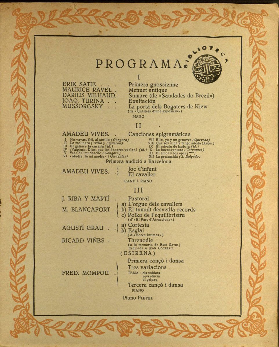 cedocpalau (@cedocpalau) on Twitter photo #Taldiacomavui de 1914 tingué lloc la 1a audició al <a href="/palaumusicacat/">Palau de la Música Catalana</a> de les "Cançons epigramàtiques" d'Amadeu Vives, de la mà de Conxita Badia i Ricard Viñes al piano. També s'estrenà l'obra "Threnodie" de Ricard Viñes. https://tuit.cat/rlqqu #Taldiacomavui de 1914 tingué lloc la 1a audició al <a href="/palaumusicacat/">Palau de la Música Catalana</a> de les "Cançons epigramàtiques" d'Amadeu Vives, de la mà de Conxita Badia i Ricard Viñes al piano. També s'estrenà l'obra "Threnodie" de Ricard Viñes. https://tuit.cat/rlqqu