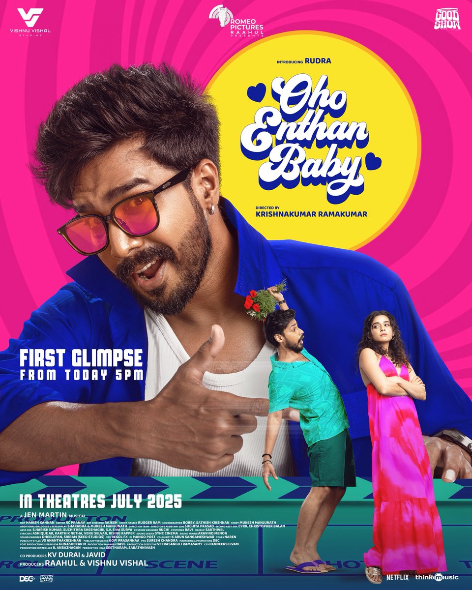 thinkmusicindia's tweet photo. Get ready to dive into the feels ❤️

The First Glimpse of #OhoEnthanBaby drops today at 5PM!

#OEB
#OEBfromJuly

Directed by @Krishnakum25249. 

Produced by - @VVStudioz
@TheVishnuVishal @Romeopictures_ @mynameisraahul 

@TheActorRudra @mipalkar @DirectorMysskin
@jenmartinmusic @goodshowoffl @DuraiKv @SureshChandraa @shiyniknees @KingsleyReddin @mahlyf_mahrulez @dop_harish @editorrcpranav @dancersatz @its_mebobs @ashique_AR10 @venuselvan01 #karthiknetha @gopiprasannaa @iamgunashekar @bypostoffice @sarathnivash @RiseShineTalent @NetflixIndia @DoneChannel1 @AbdulNassarOffl @KvMothi @decoffl #ThinkMusic