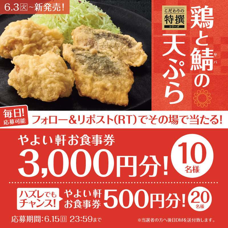 【本日7日目】
毎日応募可能!その場で当たる🎯
鶏とサバの天ぷら定食発売記念キャンペーン💝

画像内の景品を抽選で10名様に🎁
Wチャンスも🤩

応募方法
① #やよい軒 (<a href="/yayoiken_com/">やよい軒【公式】</a>)をフォロー
②この投稿をリポスト
③その場で当選者にDMが届く

6.15(日)迄
#今日によいもの