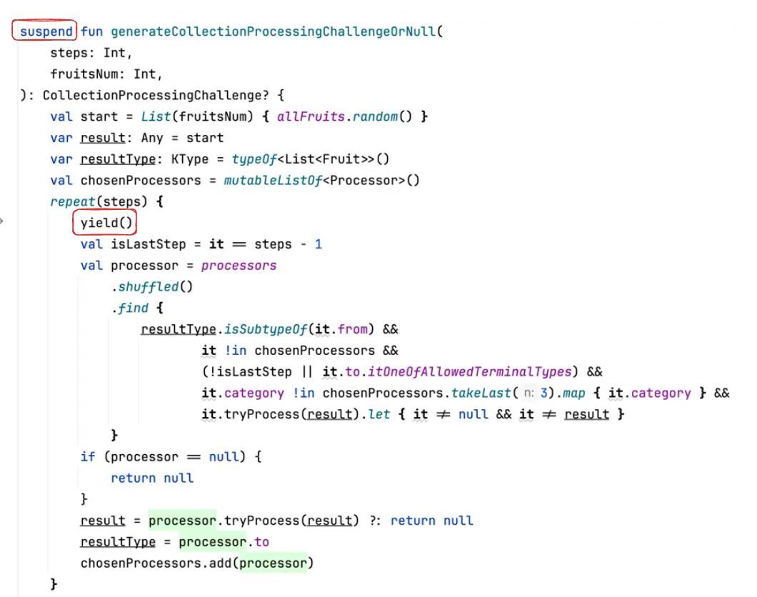 ktdotacademy's tweet image. Here is a very practical example of yield function. In my game, I use a very complex function to generate challenges. It can take a couple of seconds. If this function is started on the same thread as UI, application would be frozen. In Android the simplest solution is to start…