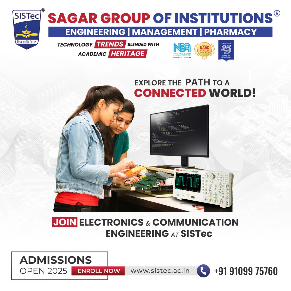 SagarCollege's tweet image. Dive into discovery, circuits, and communication systems with Electronics &amp;amp; Communication Engineering at SISTec – combining future-ready skills with educational excellence.
APPLY NOW!
#ElectronicsEngineering #ConnectedWorld #FutureEngineers #TopCollegesIndia