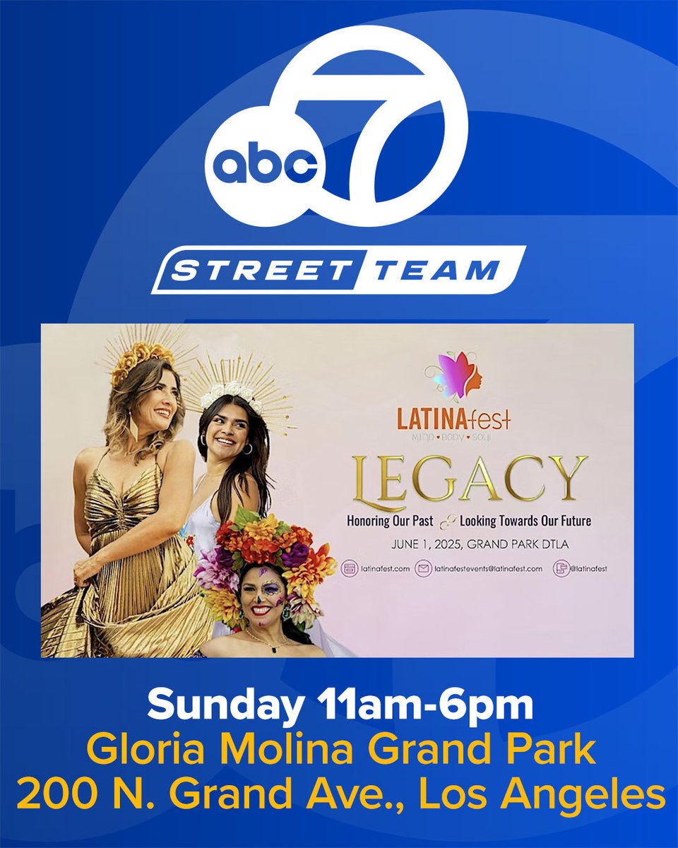 ABC7 Street Team will be at the 8th annual Latina Fest Sunday, June 1. We'll be handing out ABC7-branded Español swag with our prize wheel! We will have our free photo booth with our Latina Fest photo frame. Hope to see soon ✨ #abc7eyewitness