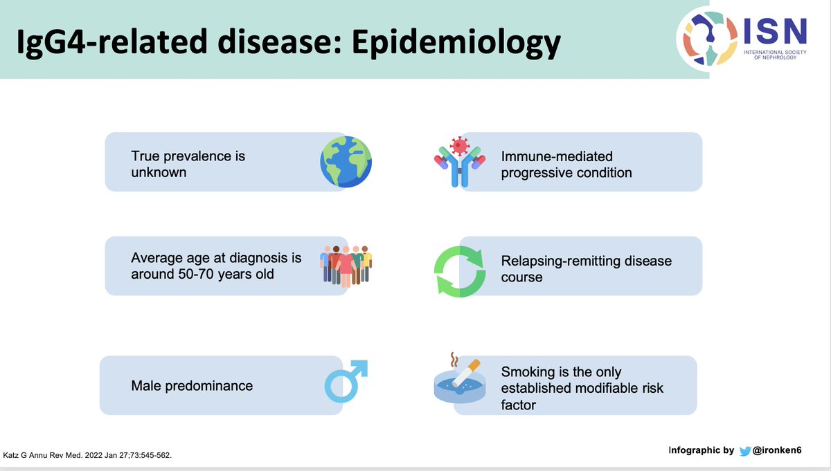 ISN Education (@isneducation) on Twitter photo 19/n <a href="/ISNkidneycare/">Int Society of Nephrology</a> <a href="/myadla/">manjusha yadla</a> <a href="/Ren_Familia/">AS</a> <a href="/Dilushiwijay/">Dilushi Wijayaratne</a> <a href="/Ironken6/">Fong Voon Ken</a> #ECNeph
One of the imp modifiable risk factor for IgG4RD : Smoking
Elderly age vulnerability
Male dominance
relapsing/remitting course 19/n <a href="/ISNkidneycare/">Int Society of Nephrology</a> <a href="/myadla/">manjusha yadla</a> <a href="/Ren_Familia/">AS</a> <a href="/Dilushiwijay/">Dilushi Wijayaratne</a> <a href="/Ironken6/">Fong Voon Ken</a> #ECNeph
One of the imp modifiable risk factor for IgG4RD : Smoking
Elderly age vulnerability
Male dominance
relapsing/remitting course