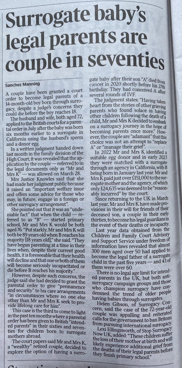 SurrogacyConcern (@surrogconcern) on Twitter photo As reported yesterday, a UK couple have been granted a parental order for a baby boy born to a US surrogate mother in 2024.
Both commissioning parents are 72 years old.
Their son died, aged 26, in 2020; they then pursued surrogacy. This is child abuse <a href="/DHSCgovuk/">Department of Health and Social Care</a> <a href="/ukhomeoffice/">Home Office</a> As reported yesterday, a UK couple have been granted a parental order for a baby boy born to a US surrogate mother in 2024.
Both commissioning parents are 72 years old.
Their son died, aged 26, in 2020; they then pursued surrogacy. This is child abuse <a href="/DHSCgovuk/">Department of Health and Social Care</a> <a href="/ukhomeoffice/">Home Office</a>