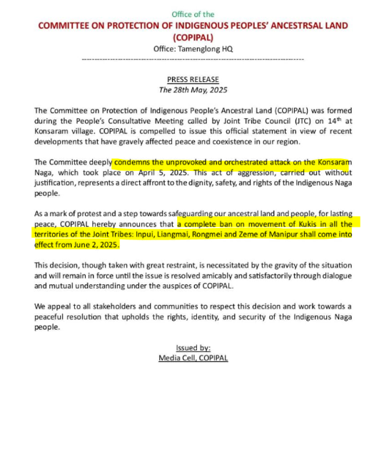 BREAKING | Indigenous Tribals of Manipur Come
Together to Ban Movement of Kukis Within Their Territory, Effective June 2nd, 2025

The stand was collectively taken by the Liangmai, Inpui, Rongmei, and Zeme tribes to safeguard their ancestral land from the marauding and violent