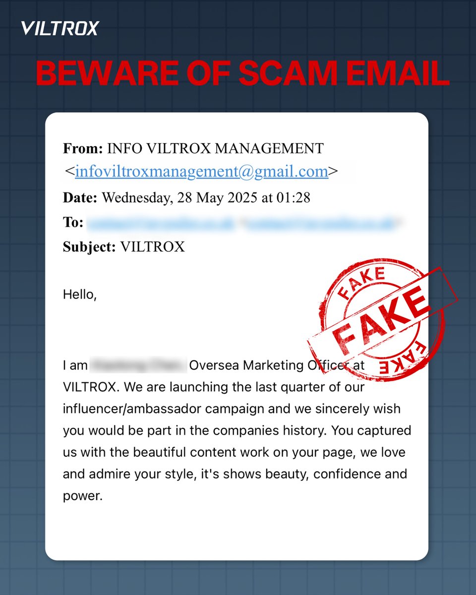 VILTROX (@viltroxofficial) on Twitter photo ⚠️Recently, we have discovered that a fraudster has been impersonating a Viltrox employee and contacting users with #Fake cooperation requests. Please be alert—they are scam emails!!
✅ Viltrox official collaboration emails will only come from: <a href="/viltrox/">victor opazo</a>.com and <a href="/weeylite/">Viltrox-Weeylite</a>.com ⚠️Recently, we have discovered that a fraudster has been impersonating a Viltrox employee and contacting users with #Fake cooperation requests. Please be alert—they are scam emails!!
✅ Viltrox official collaboration emails will only come from: <a href="/viltrox/">victor opazo</a>.com and <a href="/weeylite/">Viltrox-Weeylite</a>.com