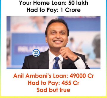 Paul Koshy (@paul_koshy) on Twitter photo You HAVE to pay back aRs. 1 Crore to the banks against your home loan of Rs. 50 Lakhs .
You... all of you bloody well have to...
How else can Modi Government close the loan of Anil Ambani by recovering Rs. 455 Crores after giving him a loan of Rs. 49,000 Crores.
What, you You HAVE to pay back aRs. 1 Crore to the banks against your home loan of Rs. 50 Lakhs .
You... all of you bloody well have to...
How else can Modi Government close the loan of Anil Ambani by recovering Rs. 455 Crores after giving him a loan of Rs. 49,000 Crores.
What, you