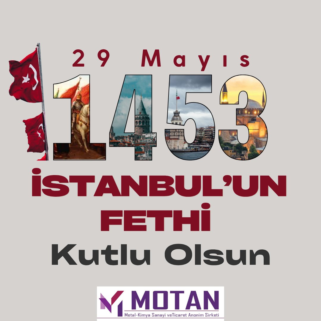 29 Mayıs 1453 İstanbul'un Fethi Kutlu Olsun.

#FatihSultanMehmed #29Mayıs1453 #istanbulunFethi #KutluOlsun #Fetih1453 #İstanbul #MotanKimya