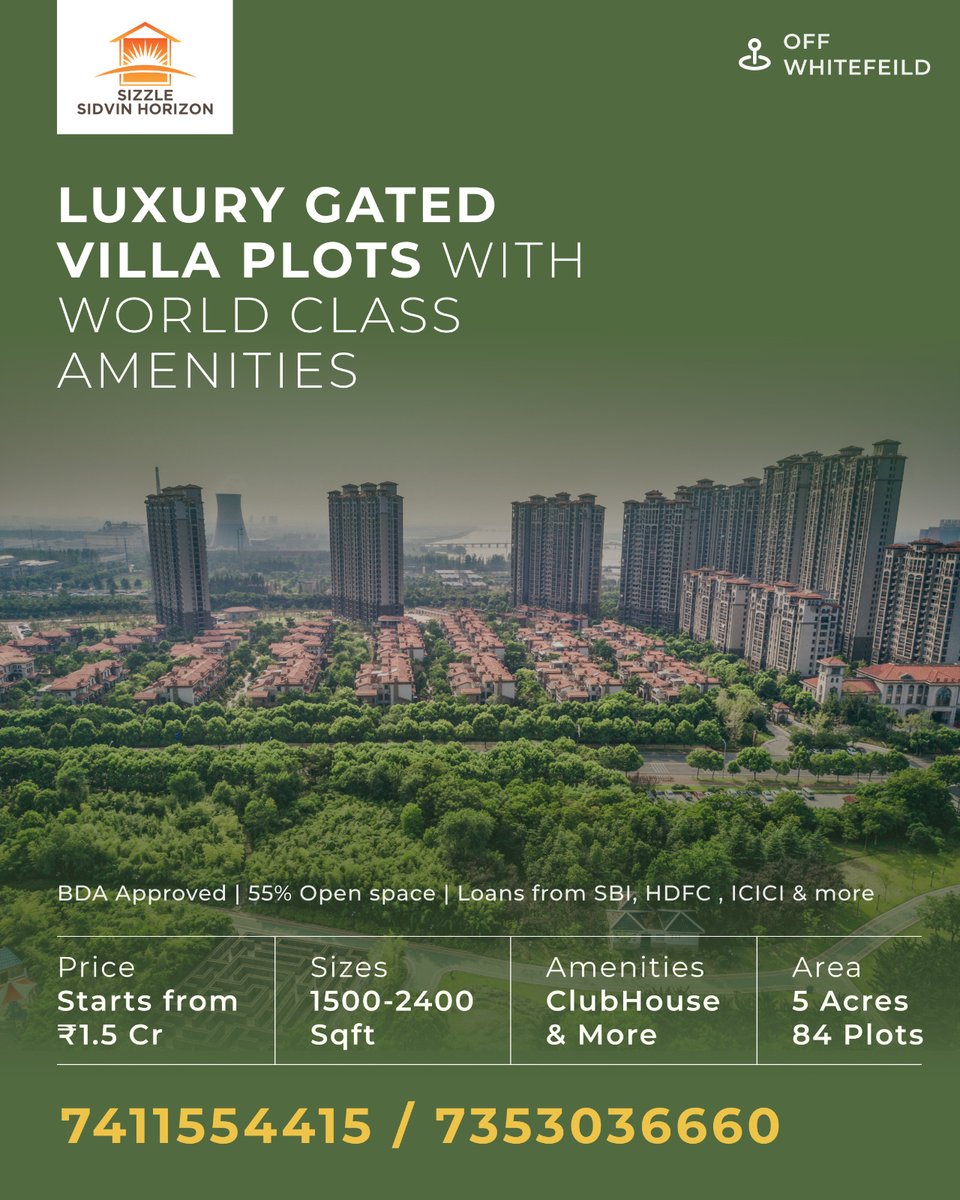 SizzleProperty's tweet image. Ready to register BDA Approved 'A' Khata Villa Plots for Sale, Off Whitefield. Price Starts From ₹1.5 Cr* Onwards..
For More info,
Contact Us :  7411554415 
Visit: sizzleproperties.com/sizzle-sidvin-…
#villaplots #residentialplots #propertydevelopers #residentialvillas #sizzleproperties