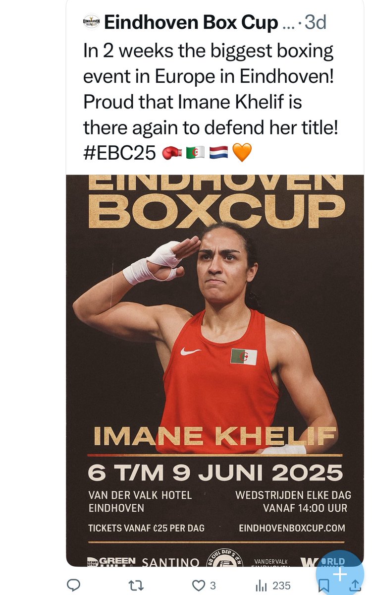 Jean Hatchet (@jeanhatchet) on Twitter photo How curious that <a href="/EindhovenBoxCup/">Eindhoven Box Cup</a> have now removed their tweet proudly promoting the event with the image of Imane Khelif. They seemed so sure they could resist women’s pressure to expel him from the female event. What happened #EBC2025? You realised men hitting women isn’t as How curious that <a href="/EindhovenBoxCup/">Eindhoven Box Cup</a> have now removed their tweet proudly promoting the event with the image of Imane Khelif. They seemed so sure they could resist women’s pressure to expel him from the female event. What happened #EBC2025? You realised men hitting women isn’t as