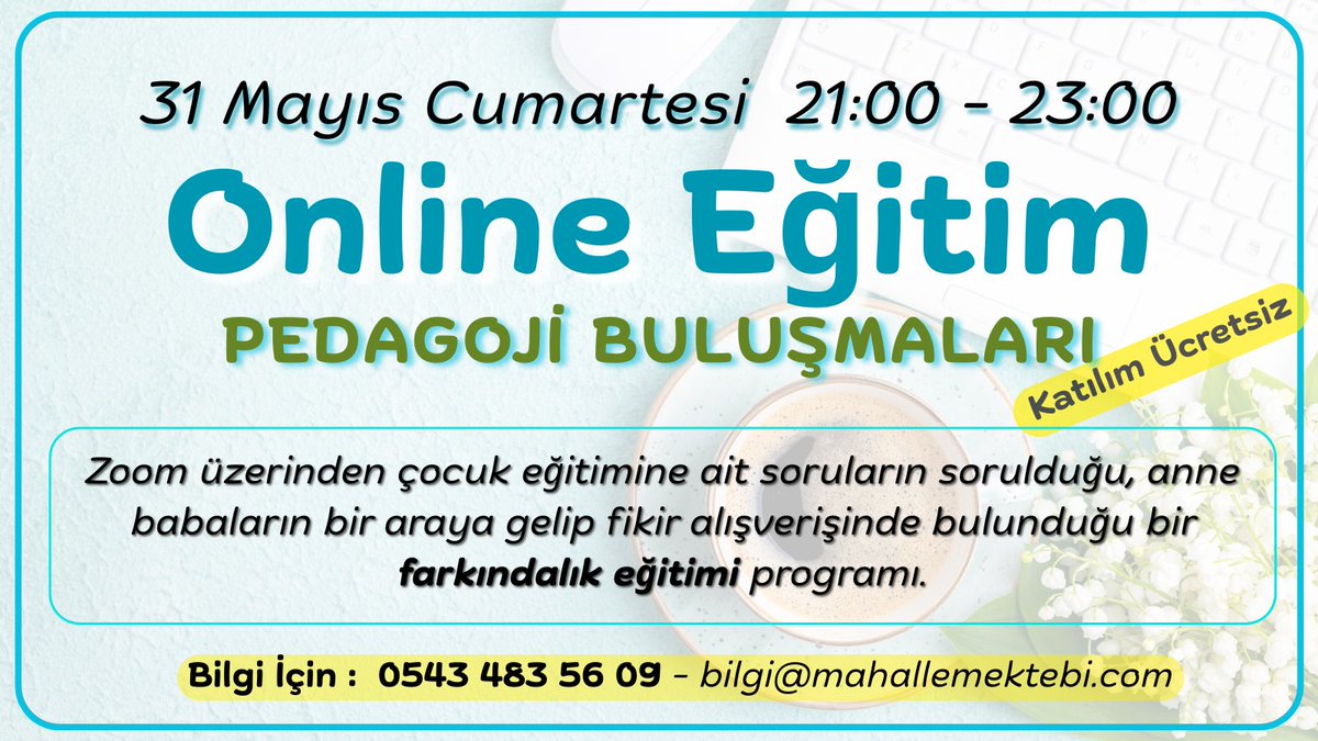 Anne babalar hazır mısınız? 

Gelemeksel olarak düzenlediğimiz anne baba buluşmaları bu ay 31 Mayıs Cumartesi 21:00’da Zoom Platformu üzerinden gerçekleşecek. 

Kâğıdınızı kaleminizi ve sorularınızı hazırlayın, ücretsiz katılım ile Pedagoji Buluşmaları’na hazırlanın. Ayrıntılı