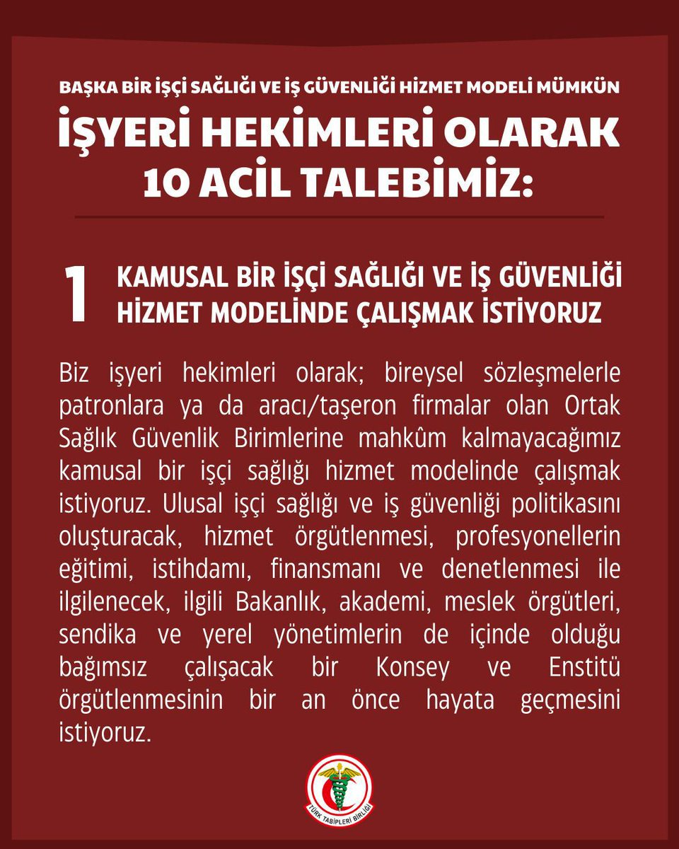 İstanbul Tabip Odası (@istabip) on Twitter photo ❗️İşyeri Hekimlerinin 10 Acil Talebi Var❗️
Talep 1: Kamusal Bir İşçi Sağlığı ve İş Güvenliği Hizmet Modelinde Çalışmak İstiyoruz <a href="/csgbakanligi/">T.C. Çalışma ve Sosyal Güvenlik Bakanlığı</a>
Biz işyeri hekimleri olarak; bireysel sözleşmelerle patronlara ya da aracı/taşeron firmalar olan Ortak Sağlık Güvenlik Birimlerine ❗️İşyeri Hekimlerinin 10 Acil Talebi Var❗️
Talep 1: Kamusal Bir İşçi Sağlığı ve İş Güvenliği Hizmet Modelinde Çalışmak İstiyoruz <a href="/csgbakanligi/">T.C. Çalışma ve Sosyal Güvenlik Bakanlığı</a>
Biz işyeri hekimleri olarak; bireysel sözleşmelerle patronlara ya da aracı/taşeron firmalar olan Ortak Sağlık Güvenlik Birimlerine