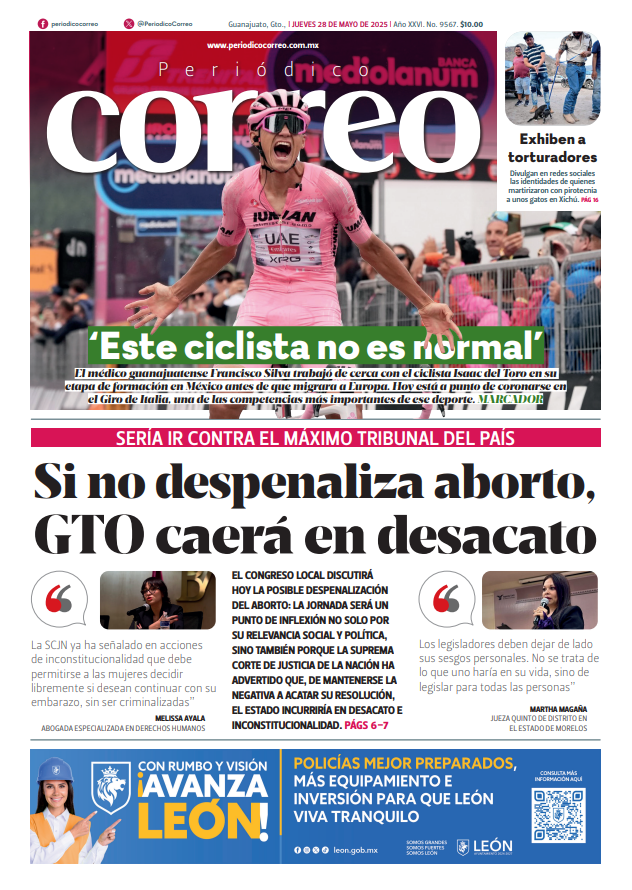 ☀️ Buenos días, estimados lectores 👋🏼 Hoy es 29 de mayo y aquí les compartimos las noticias más importantes de esta mañana 👇📰

🤯   Este ciclista no es normal’
➡️   bit.ly/40h88SJ
👀   Si no despenaliza aborto, GTO caerá en desacato
➡️   bit.ly/40HEl5O
🔍