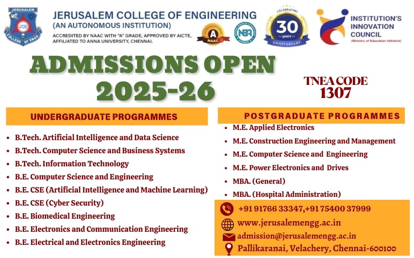 jerusalem_chn's tweet image. #JerusalemCollegeofEngineering #JCE 
#bachelorofengineering  #ComputerScience #CyberSecurity #ElectronicsandCommunication #Mechanical #ArtificialIntelligence #DataScience #InformationTechnology #Masterinengineering  #MBA #MasterofBusinessAdministration #Tamilnadu #chennai
