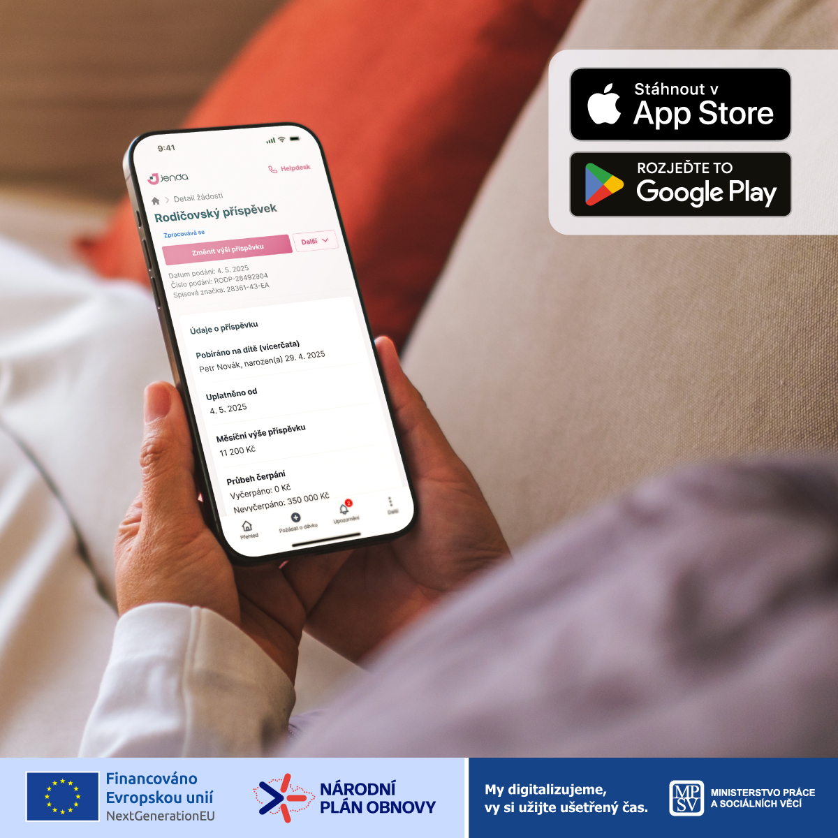 Vyřídit rodičák z gauče? Není problém. 😊 Stačí mobil, aplikace Jenda a 3 minuty času. 👉 Žádost podáte online a o jejím vyřízení vám přijde informace přímo do aplikace. #MPSV #AplikaceJenda #Digitalizace