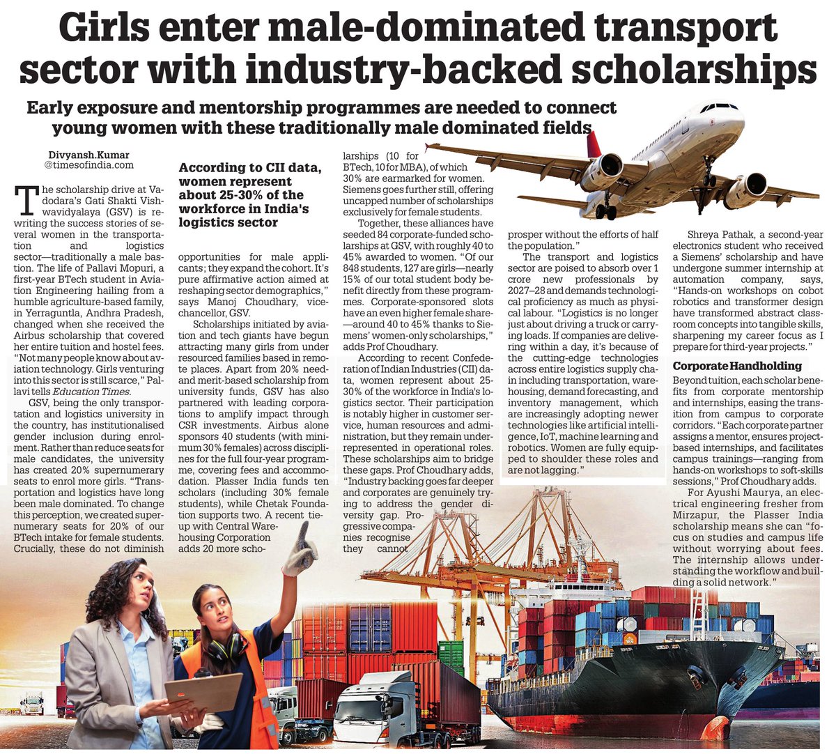 Affirmative and Pro-active action by <a href="/gsv_vadodara/">GATI SHAKTI VISHWAVIDYALAYA</a> to improve Gender Diversity in Transportation and Logistics Sector:
<a href="/timesofindia/">The Times Of India</a> coverage by - <a href="/thakur_div01/">Divyansh</a> <a href="/educationtimes/">Education Times</a> 

Fantastic Support by Corporates: 
<a href="/Airbus/">Airbus</a> <a href="/Siemens/">Siemens</a> <a href="/cwc_warehouse/">Central Warehousing Corporation</a> @Plasser <a href="/ChetakFoundati1/">Chetak Foundation</a> 
More ..
