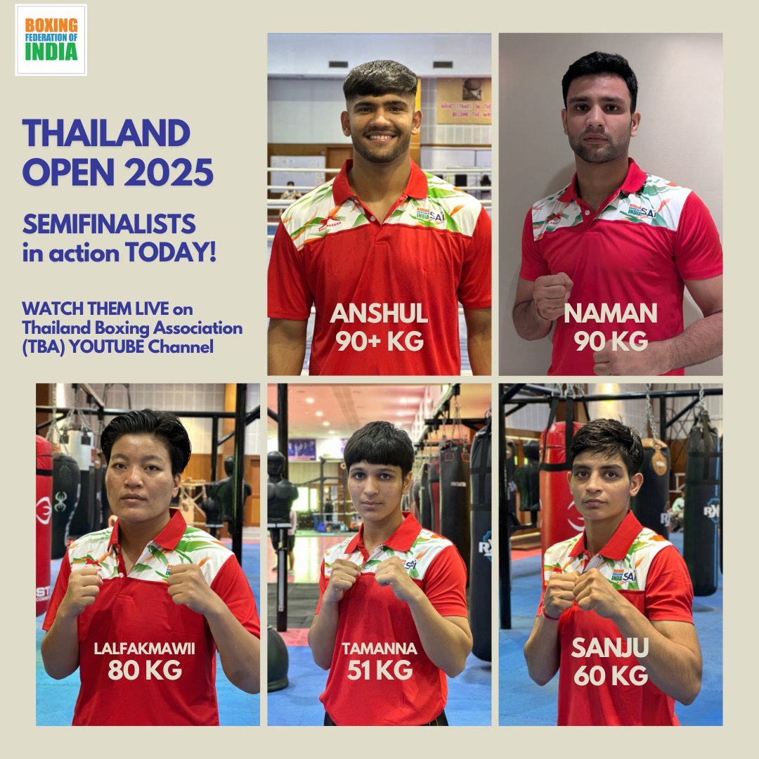 🥊 Semifinal Showdown! 🇮🇳

FIVE Indians are in action at the #ThailandOpen2025 today!

Anshul, Naman, Lalfakmawii, Tamanna &amp; Sanju — all gunning for a spot in the final! 🔥👊

📺 Watch LIVE on the TBA YouTube channel 12:30 PM onwards.

#BFI #PunchMeinHaiDum