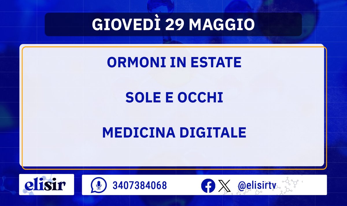 Buongiorno amiche e amici di #Elisir! Alle 10:15 dagli studi di Saxa Rubra inizia una nuova diretta. Oggi parleremo del ruolo degli ormoni in estate, ci concentreremo poi sul rapporto tra sole e salute degli occhi e faremo chiarezza sulla medicina digitale.