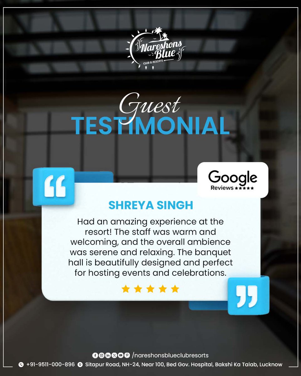 nareshonsblue's tweet photo. ✨Warm staff, serene ambience, and a perfectly designed banquet – Shreya Singh
Discover why guests love Nareshons Blue for hosting events and celebrations!

#NareshonsBlue #GuestTestimonial #HappyGuest #EventResort #BanquetHallLucknow #HospitalityMatters #EventVenue #SereneStays https://t.co/kKXrOgESNr
