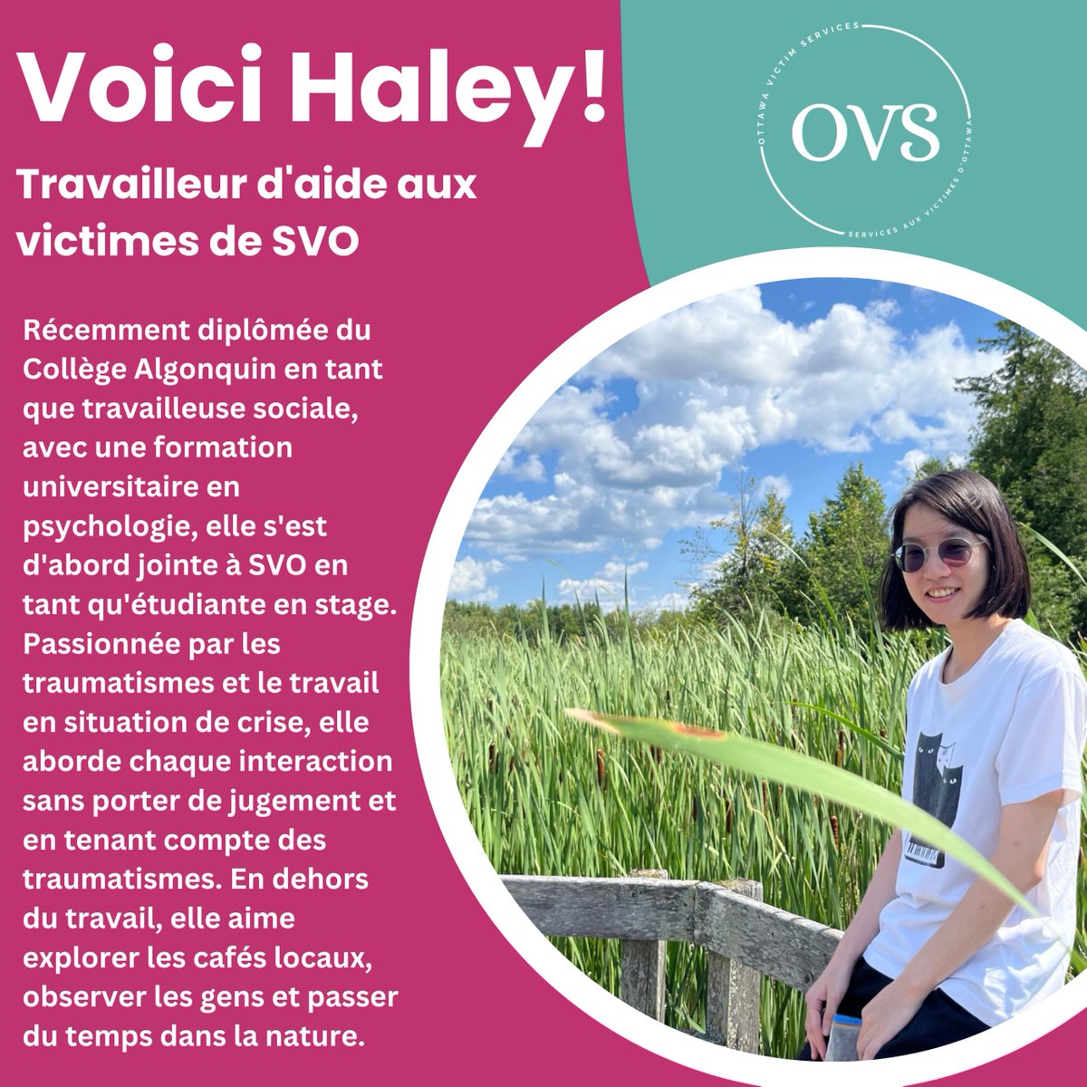 💙At OVS, we are so honoured to
shine a light on the amazing people behind our work.
Today’s staff spotlight is on Haley, one of our
dedicated Victim Support Workers. 

#OttawaVictimServices #SoutenirLesSurvivants
#Volunteer #Donate #SupportSurvivors