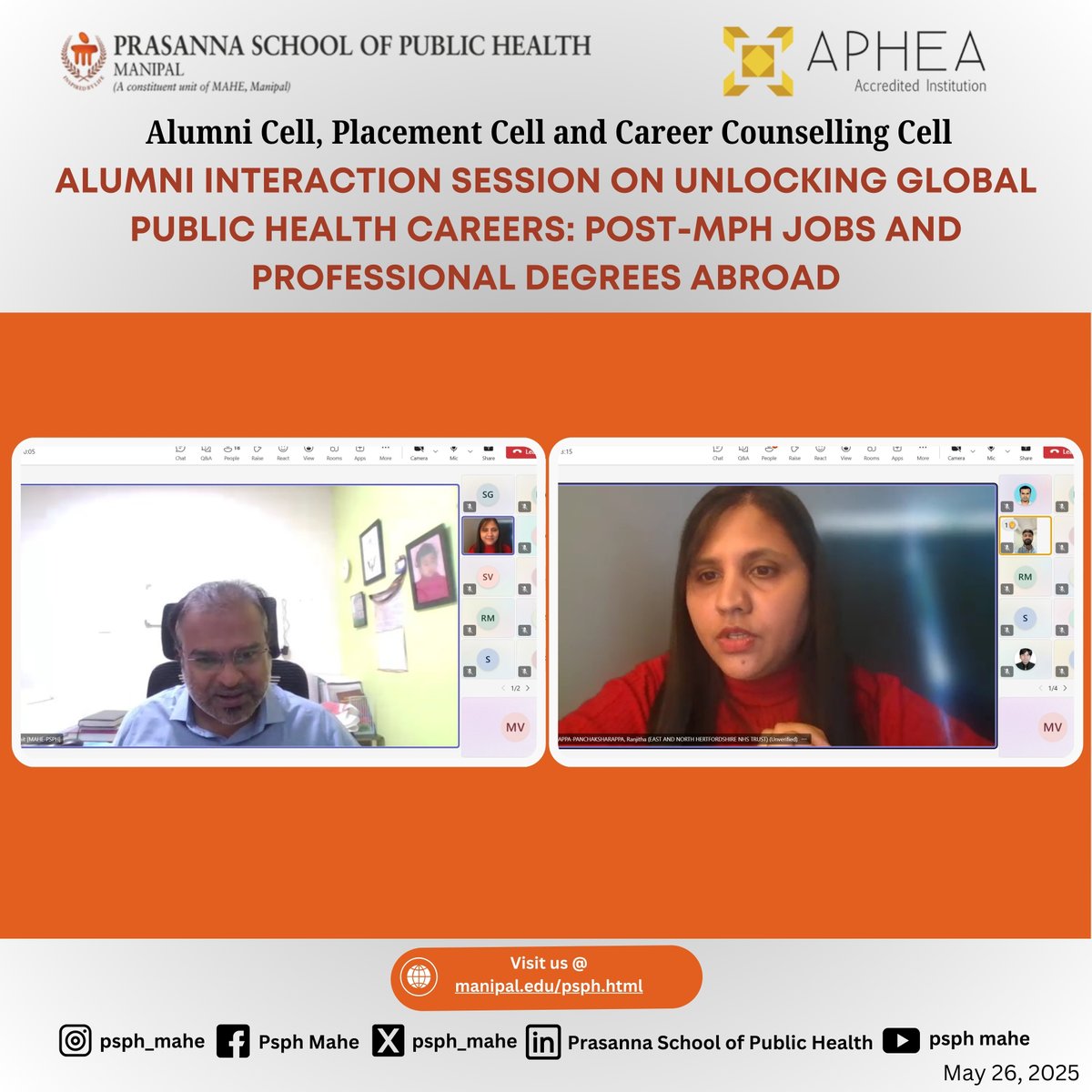 Alumni Interaction on Unlocking Global Public Health Careers. Dr. Ranjitha G P (Policy Officer – NHS, England &amp; MPH Alumna) shared insights on post-MPH jobs &amp; study abroad pathways!

#GlobalHealth #PublicHealthCareers #PSPH #MAHE #AlumniTalk #MPH #CareerPathways