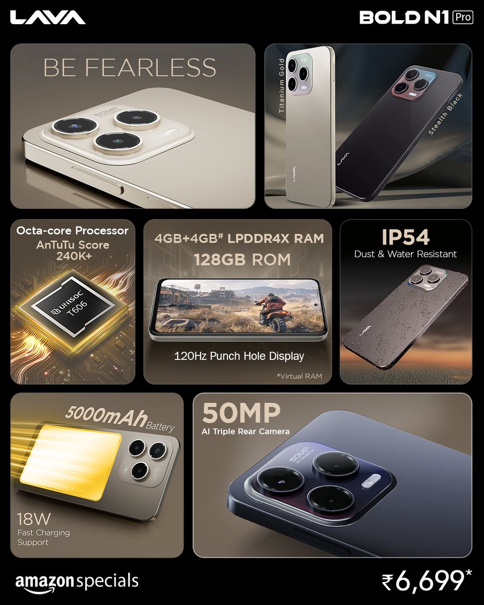 LavaMobile's tweet image. Introducing Bold N1 Pro: Available on @amazonIN at a special launch price of ₹6,699*​

Get Notified: amzn.to/4kwaZOq ​

*Inclusive of offers​
#BoldN1Pro #BeFearless #LavaMobiles #ProudlyIndian