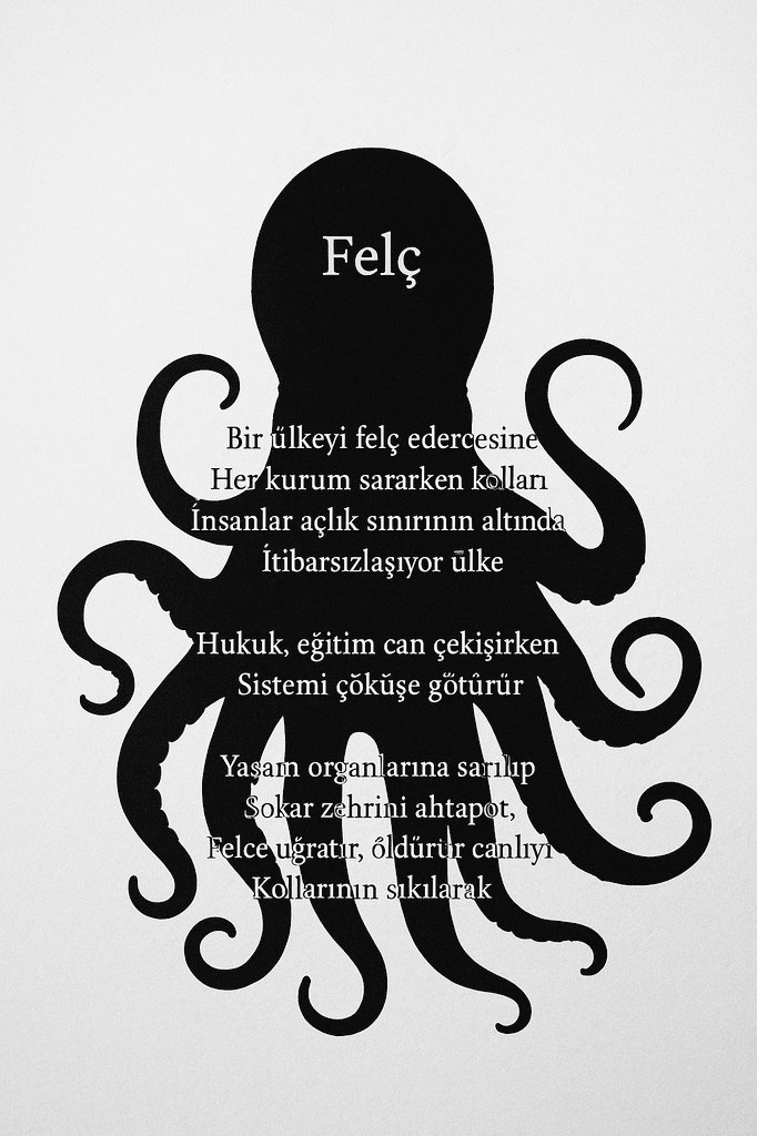 Felç #AhtapotEmekliyiTurpGibiSıkıyor 
Ahtapot çöreklenmiş gövdenin üstüne,
Her kol bir kelepçe, geçmişin yüküne.
Can yavaşça çekilir damar damar,
Çığlık yok, nefes yok, sadece karar.

Ve o karar:
Ya bu kollar kopar, ya bu beden solar.